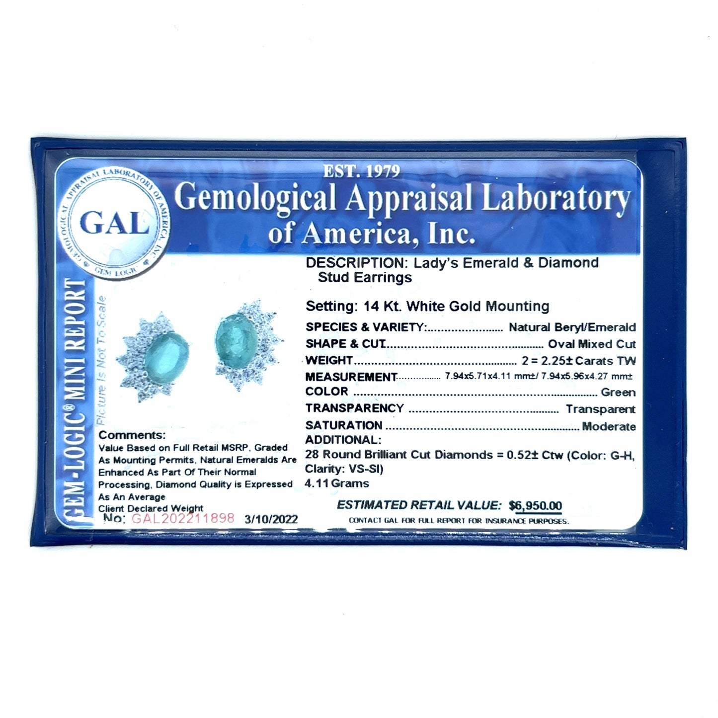 Natural Emerald Diamond Stud Earrings 14k White Gold 2.77 TCW Certified $6,950 211898 - Certified Fine Jewelry