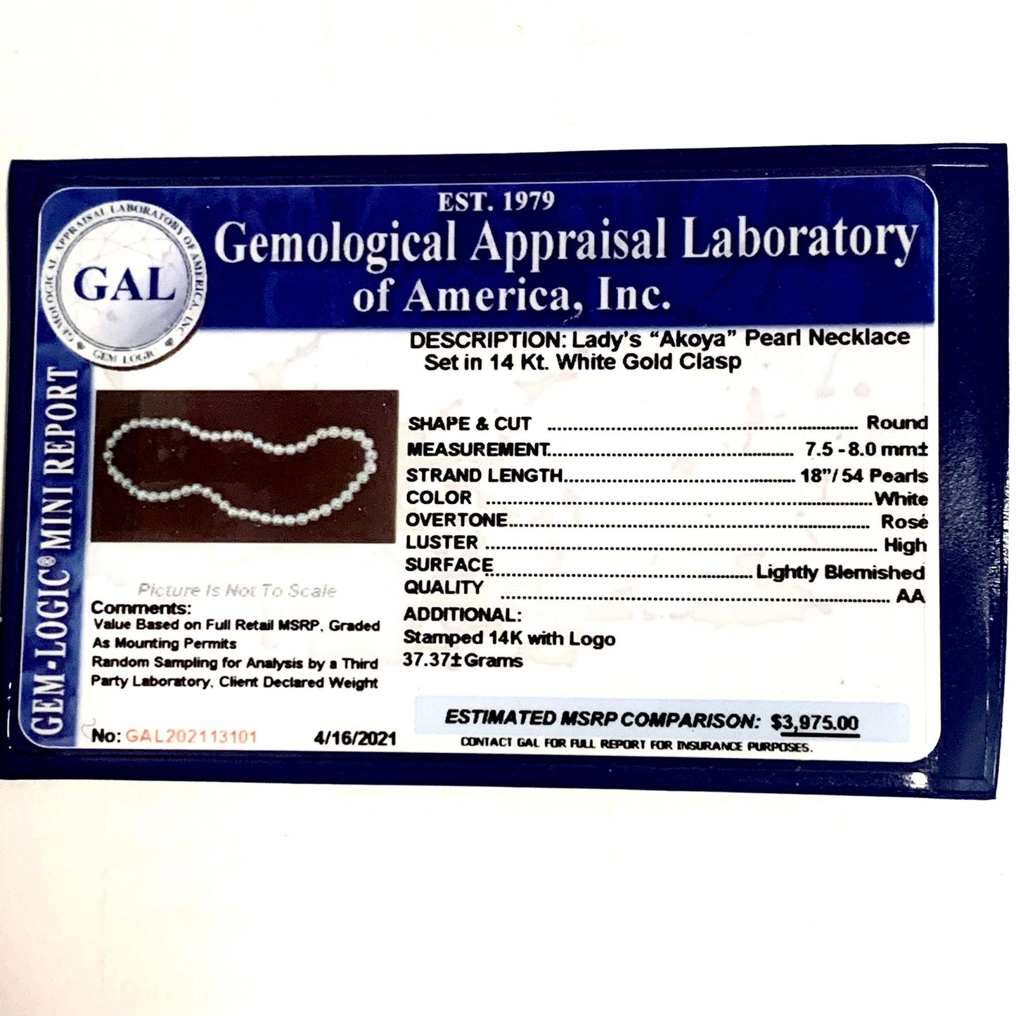 Akoya Pearl Necklace 14k Gold 18" 8.0 mm Certified $3,975 113101 - Certified Fine Jewelry