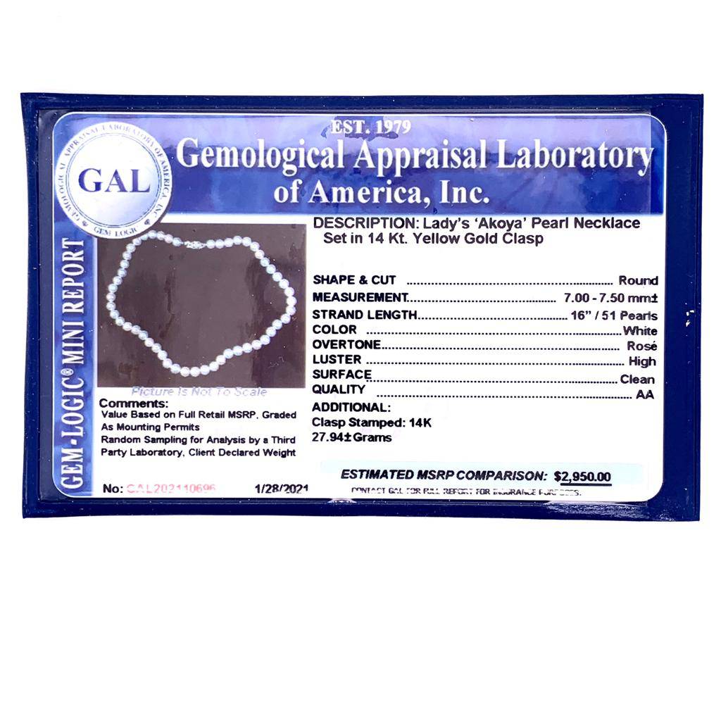 Akoya Pearl Necklace 14k Yellow Gold 16" 7.5 mm Certified $2,950 110696 - Certified Fine Jewelry