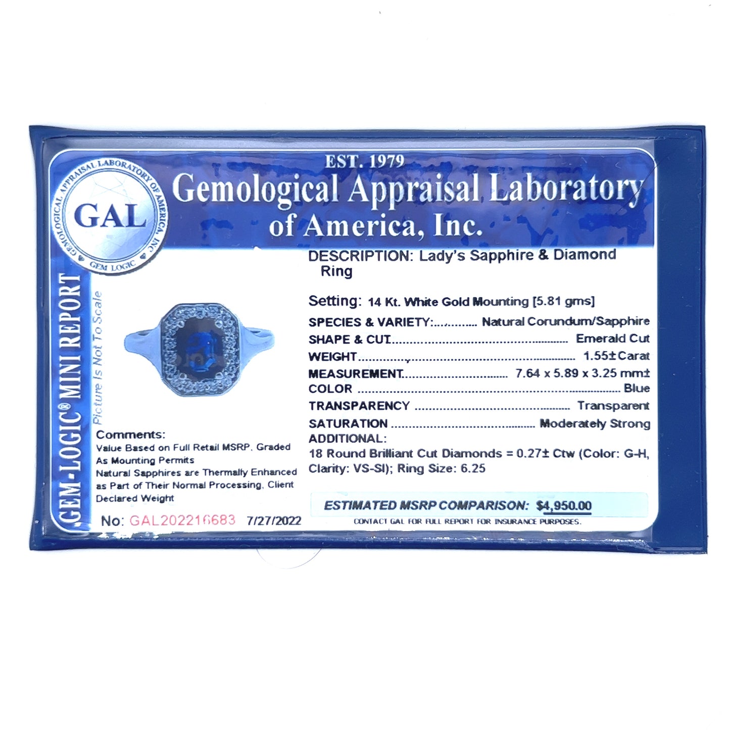 Natural Sapphire Diamond Ring Size 6.25 14k W Gold 1.82 TCW Certified $4,950 216683 - Certified Fine Jewelry