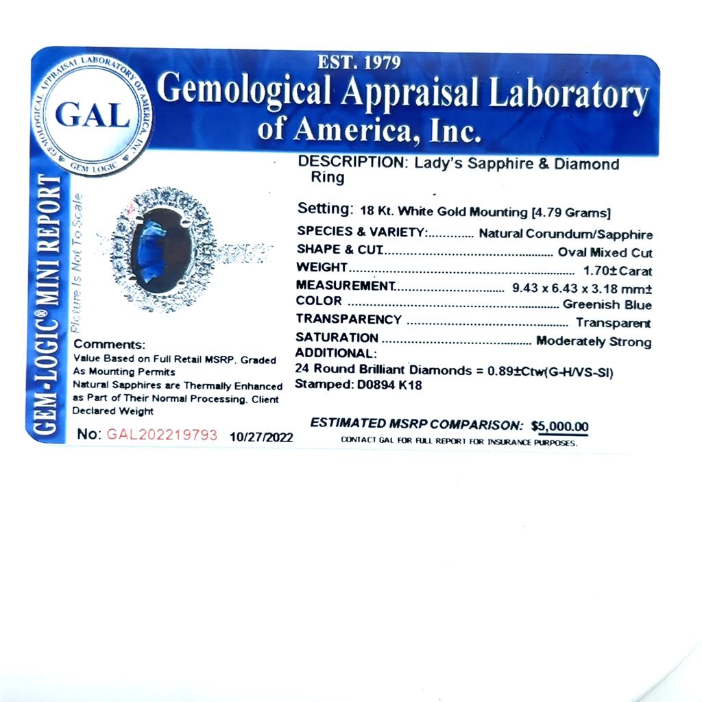 Natural Sapphire Diamond Ring 6.5 18k White Gold 2.59 TCW Certified $5,000 219793 - Certified Fine Jewelry