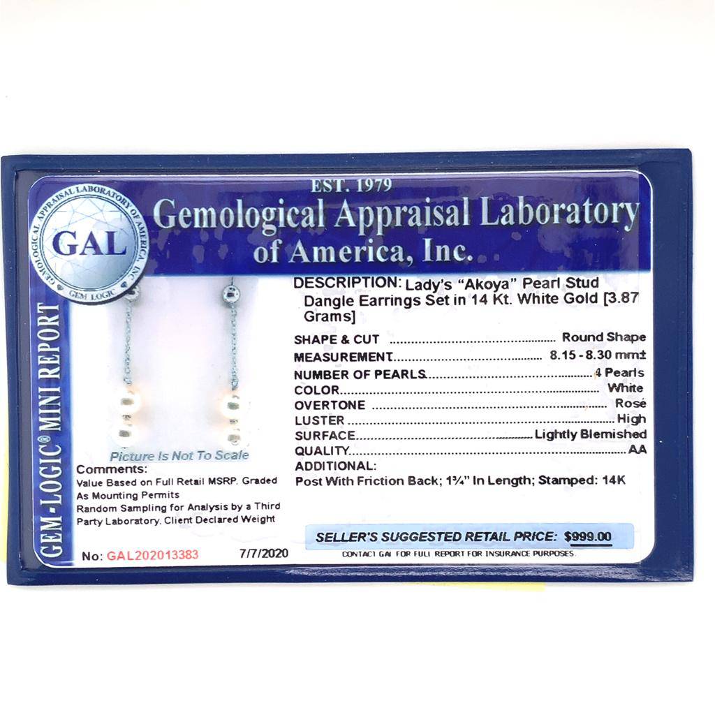 Akoya Pearl Earrings 14 KT Gold 8.30 mm Certified $999 013383 - Certified Fine Jewelry