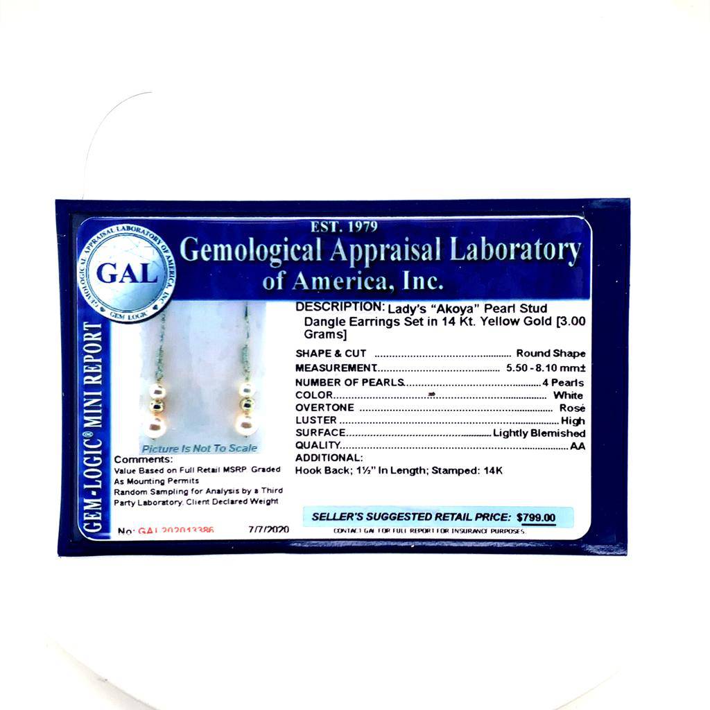 Akoya Pearl Earrings 14 KT Gold 8.10-5.50 mm Certified $799 013386 - Certified Fine Jewelry