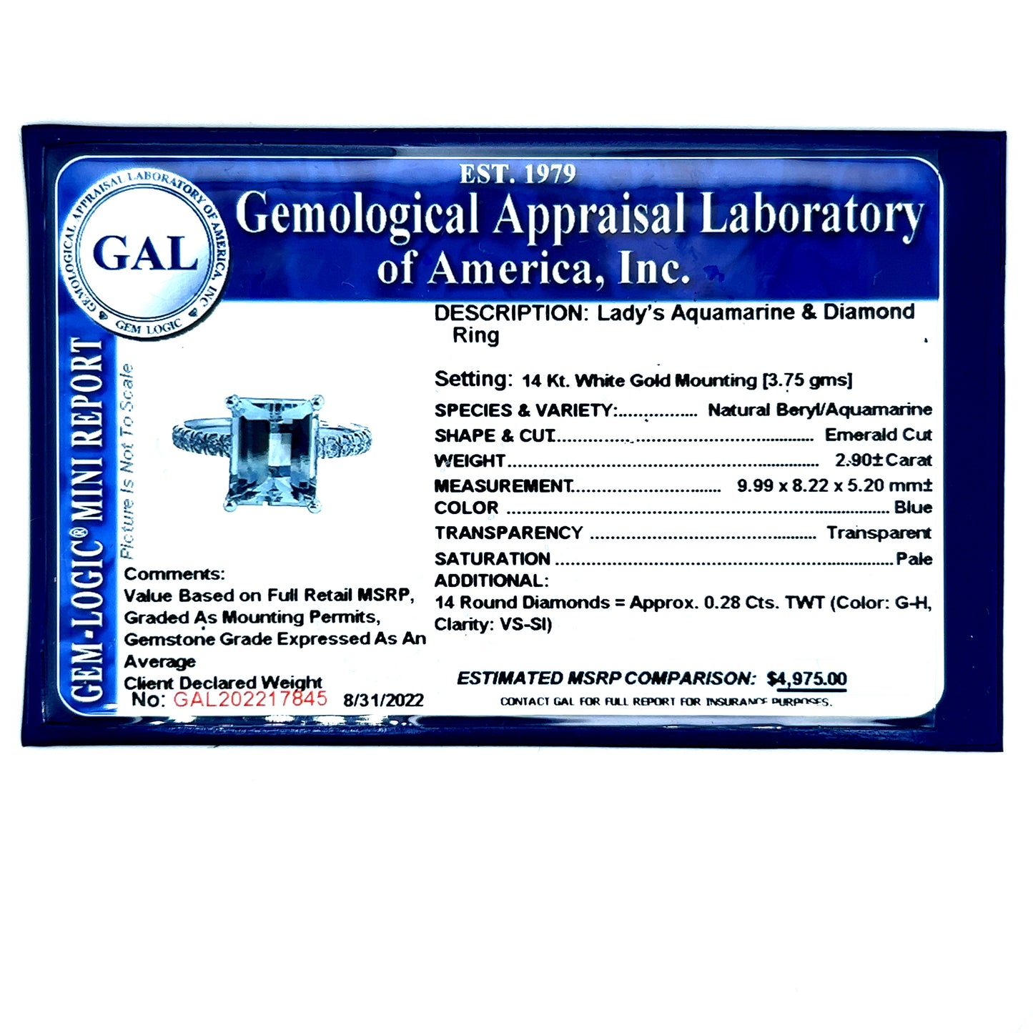 Natural Aquamarine Diamond Ring Size 6.5 14k W Gold 3.18 TCW Certified $4,975 217845 - Certified Fine Jewelry