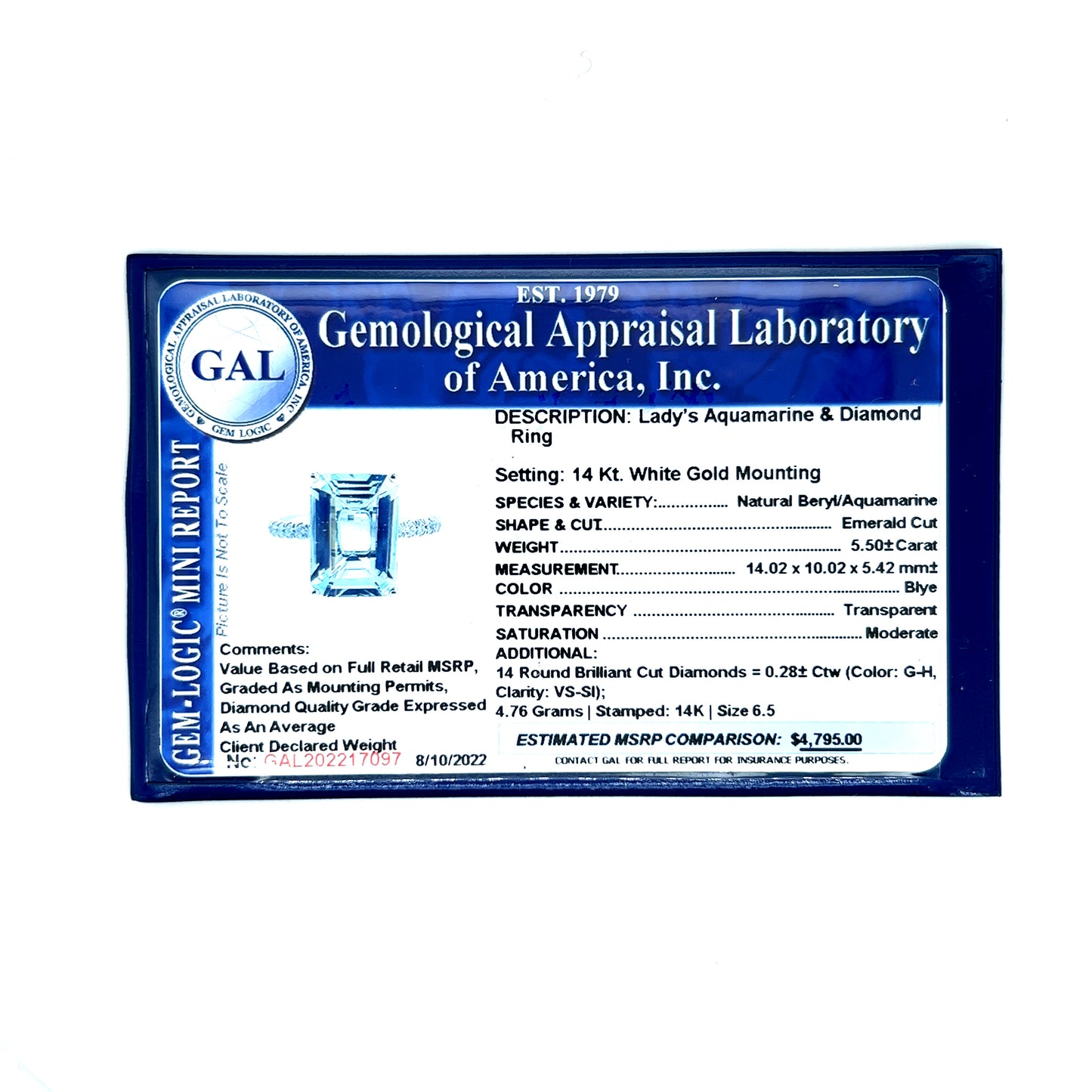 Natural Aquamarine Diamond Ring Size 6.5 14k W Gold 5.78 TCW Certified $4,795 217097 - Certified Fine Jewelry