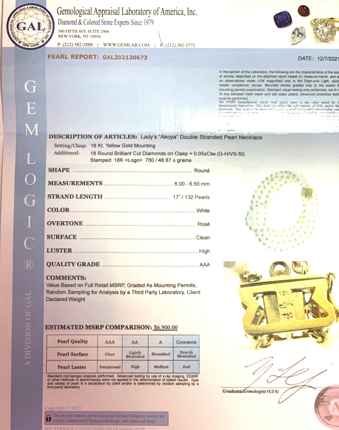 Diamond Akoya Pearl 2-Strand Necklace 17" 18k Gold 6.5mm Certified $6,900 120673 - Certified Fine Jewelry