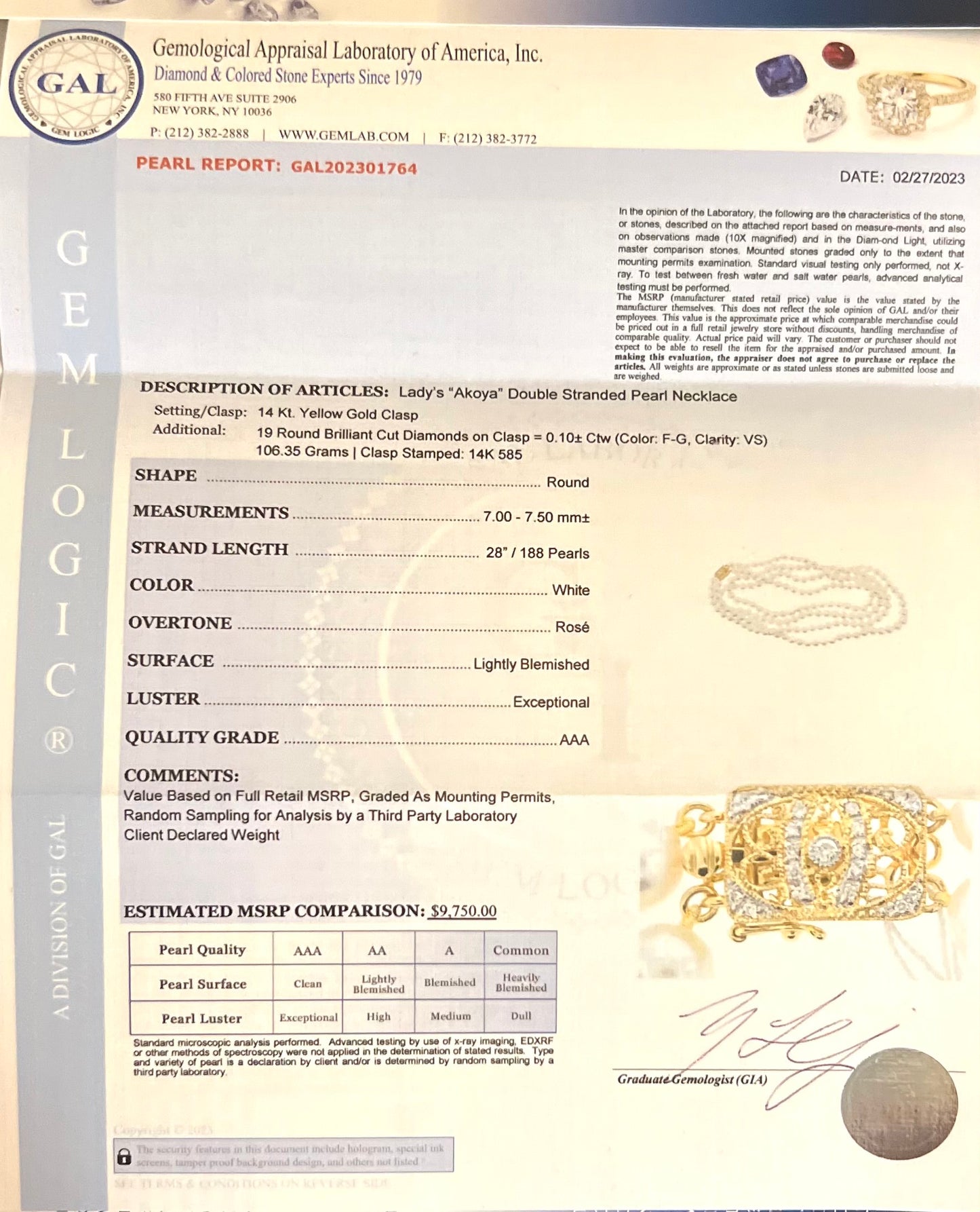 Akoya Pearl Diamond Double Stranded Necklace 28" 14k Y Gold 7.5 mm Certified $9,750 301764 - Certified Fine Jewelry