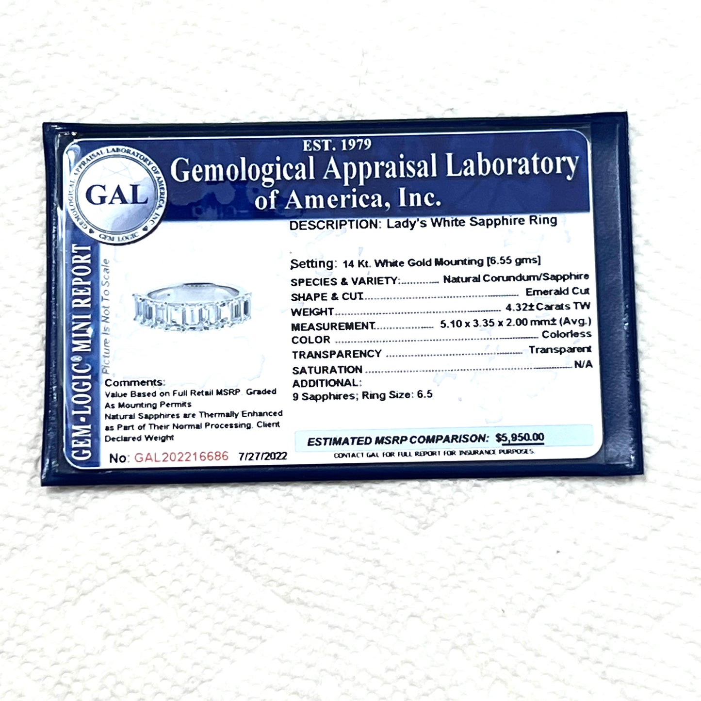 Natural White Sapphire Ring Size 6.5 14k W Gold 4.32 TCW Certified $5,950 216686 - Certified Fine Jewelry