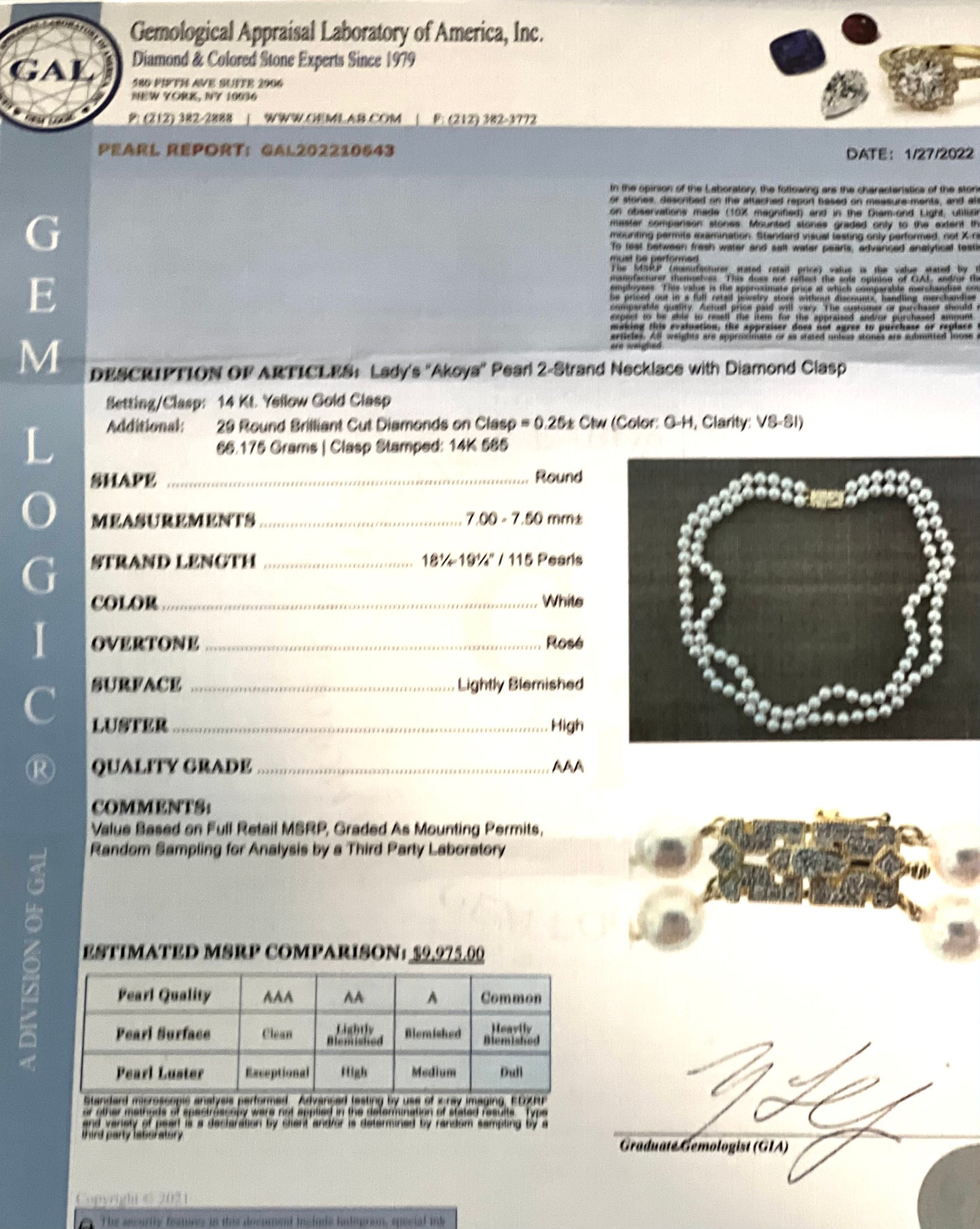 Akoya Pearl Diamond 2-Strand Gold Necklace 7.5 mm 19.25" Certified $9,975 210643 - Certified Fine Jewelry