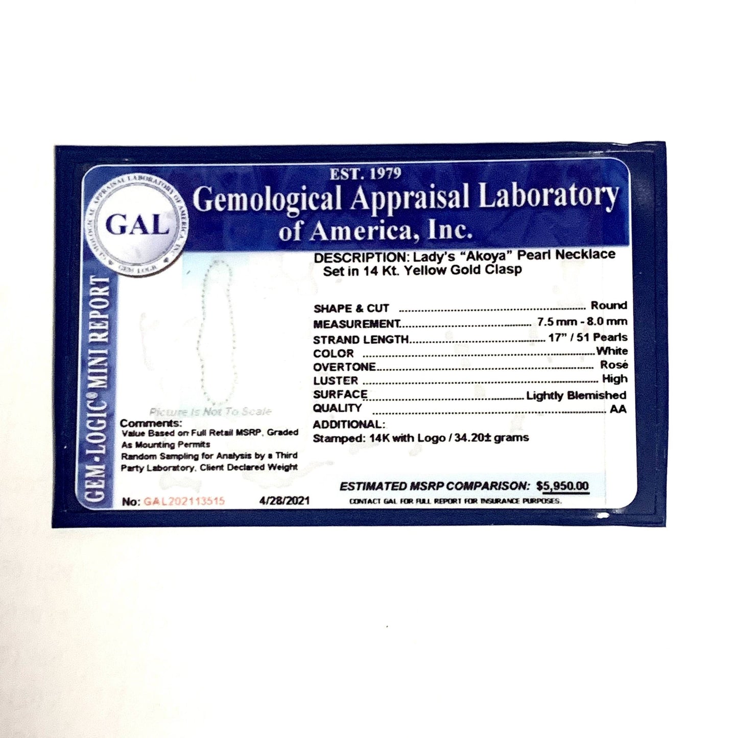 Akoya Pearl Necklace 14k Gold 17" 8.0 mm Certified $5,950 113515 - Certified Fine Jewelry