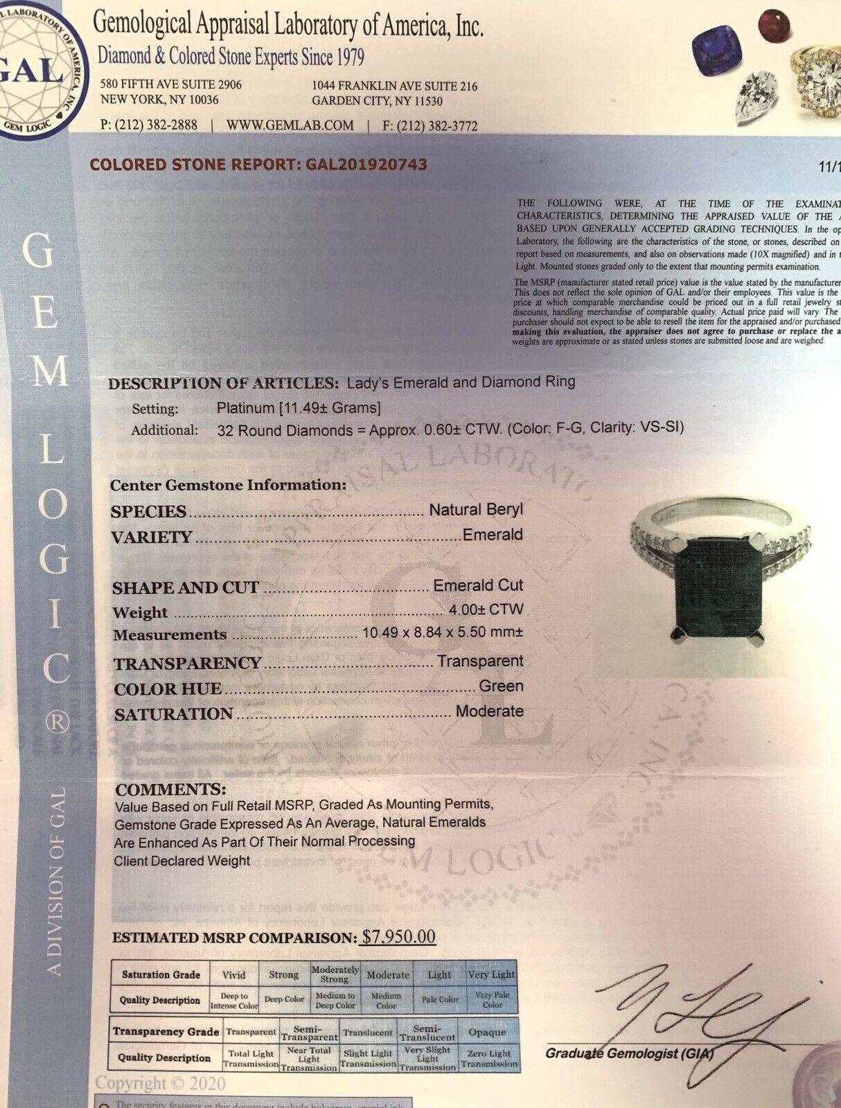 Diamond Emerald Platinum Ring 4.60 TCW Certified $7,950 920743 - Certified Fine Jewelry