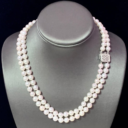Diamond Akoya Pearl 2-Strand Necklace 14k Gold 18" 7.5mm Certified $9,750 116393 - Certified Fine Jewelry