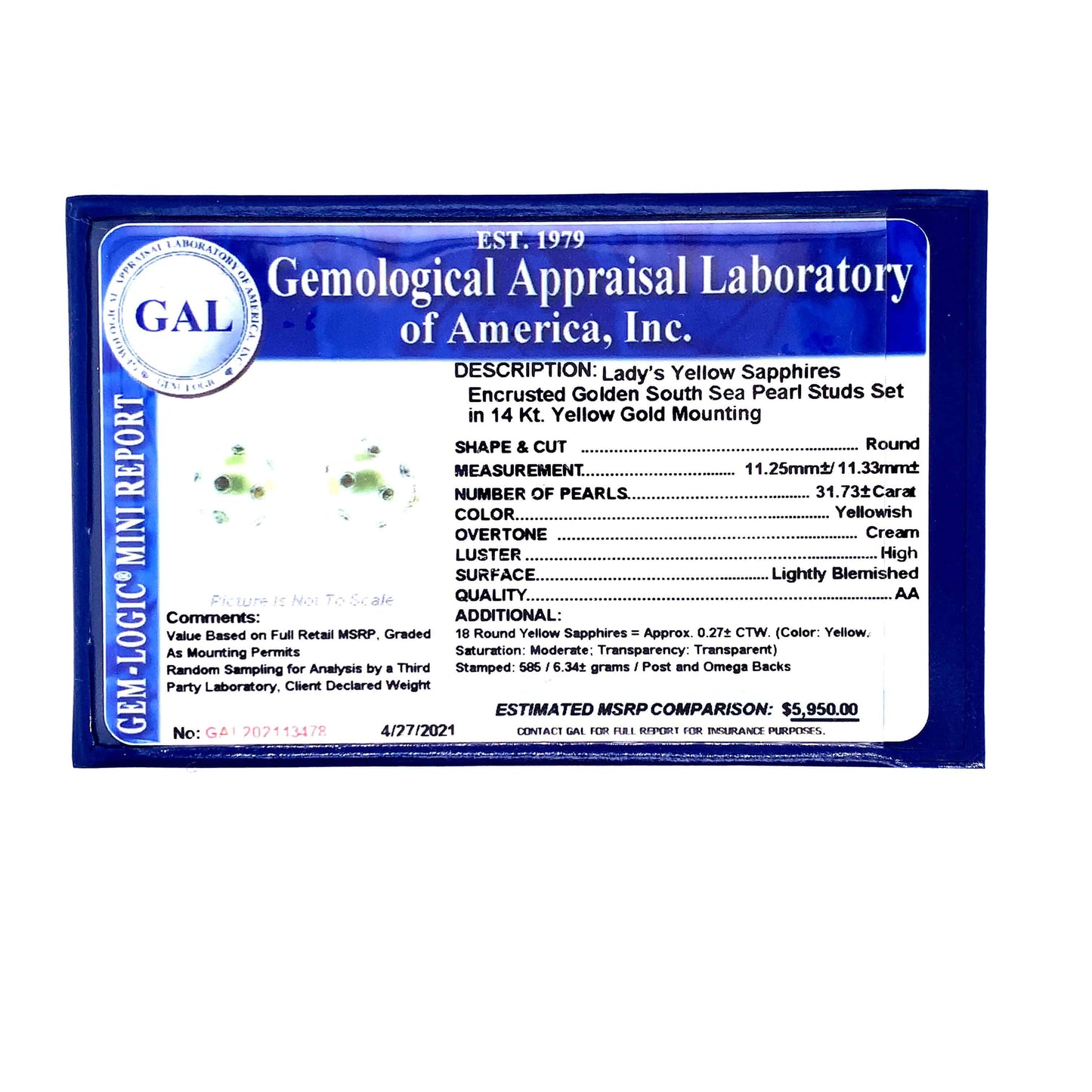 South Sea Pearl Sapphire Earrings 14k Gold 11.33 mm Certified $5,950 113478 - Certified Fine Jewelry