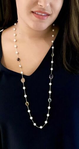 Pearl Quartz Topaz Necklace 14k Gold 7.5 mm 35.75" Italy Certified $3,490 820429 - Certified Fine Jewelry