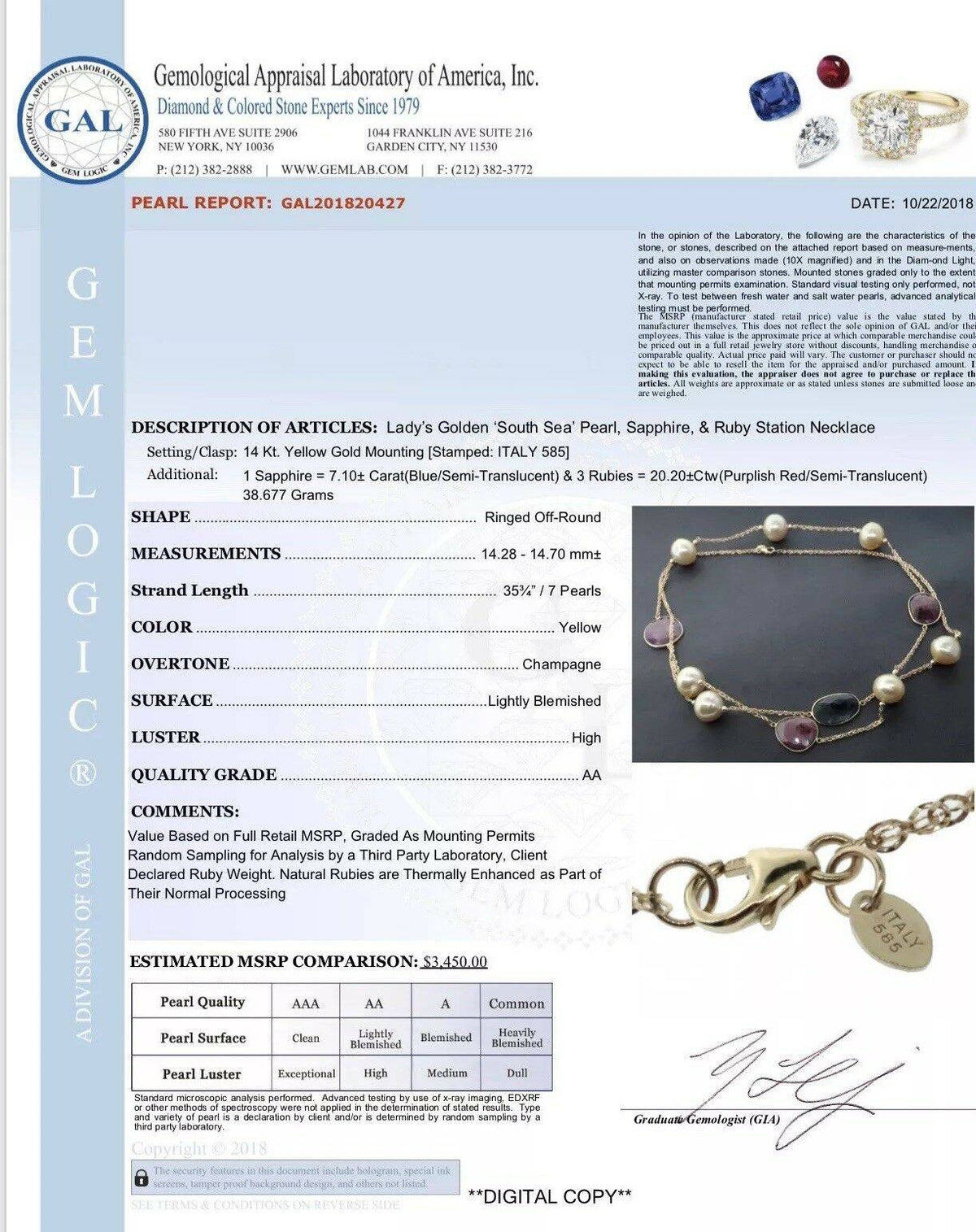 South Sea Pearl Ruby Sapphire Necklace 14k Gold Italy Certified $3,450 820427 - Certified Fine Jewelry