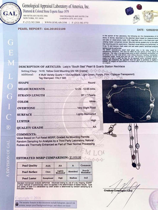 South Sea Pearl Quartz Necklace 14k Gold 12.65 mm 35" Certified $3,950 822109 - Certified Fine Jewelry