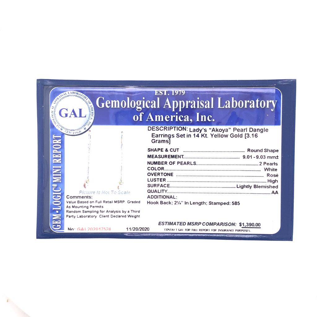 Akoya Pearl Earrings 14 KT Yellow Gold 9.03 mm Certified $1,390 017524 - Certified Fine Jewelry