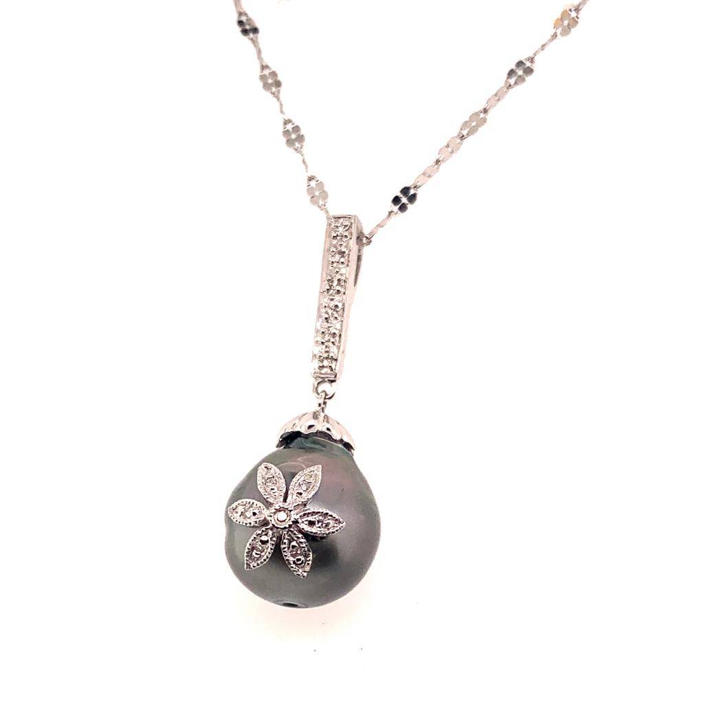 Diamond Tahitian Pearl Necklace 18k Gold 12.60 mm 16" Certified $895 910818 - Certified Fine Jewelry