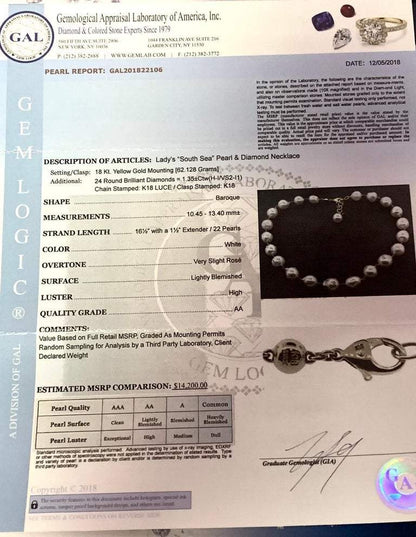 South Sea Pearl Diamond Necklace 18K Gold 13.4mm 16.5" Certified $14,200 822106 - Certified Fine Jewelry