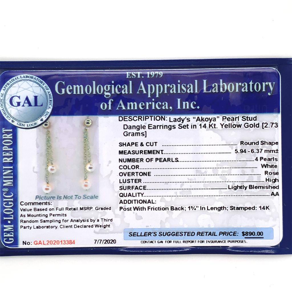 Akoya Pearl Earrings 14 KT Gold 6.37 mm Certified $890 013384 - Certified Fine Jewelry