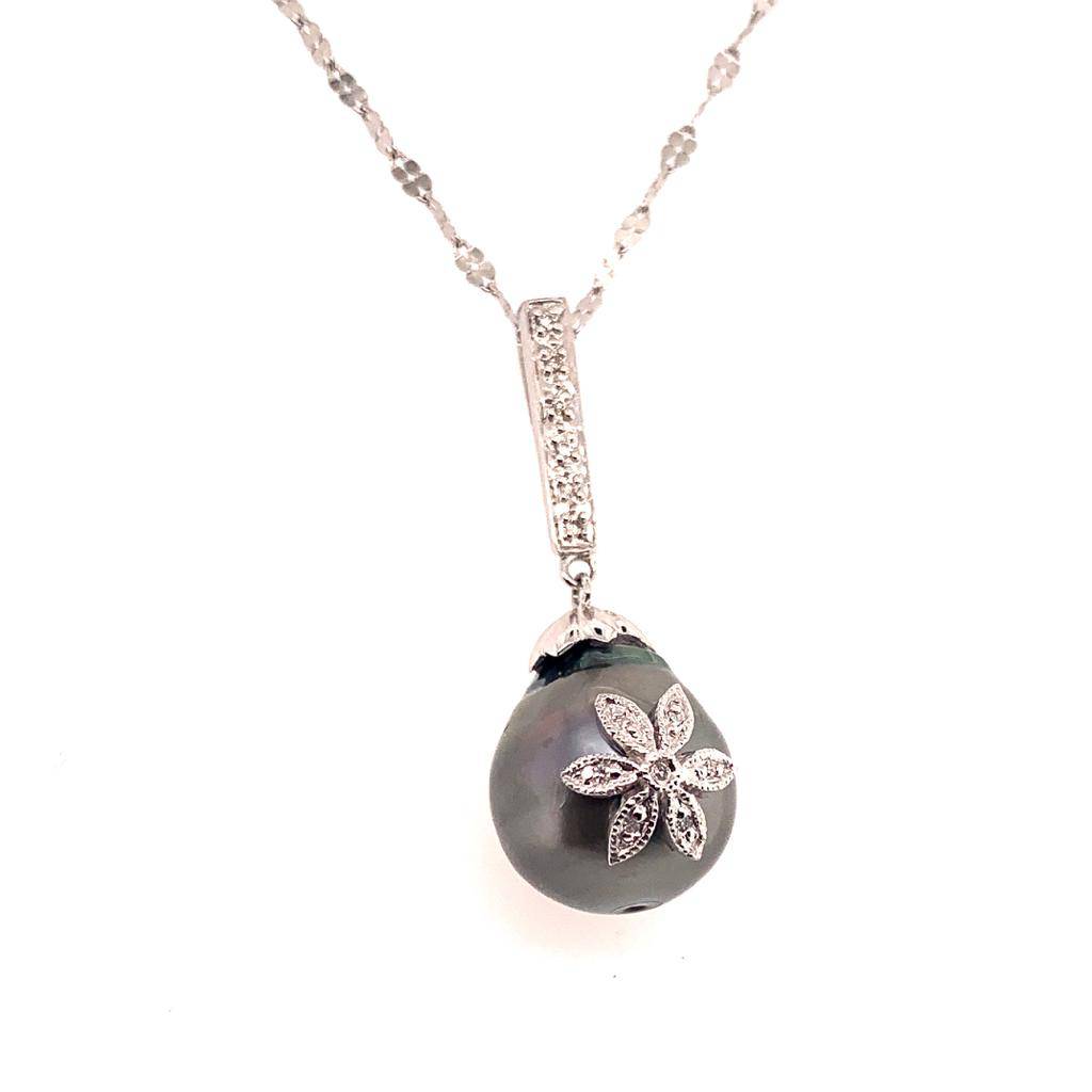 Diamond Tahitian Pearl Necklace 18k Gold 12.60 mm 16" Certified $895 910818 - Certified Fine Jewelry