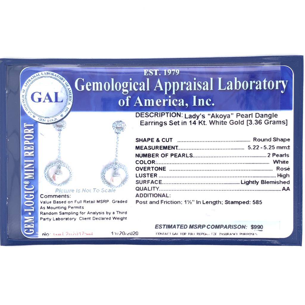Akoya Pearl Earrings 14 KT White Gold 5.25 mm Certified $990 017544 - Certified Fine Jewelry