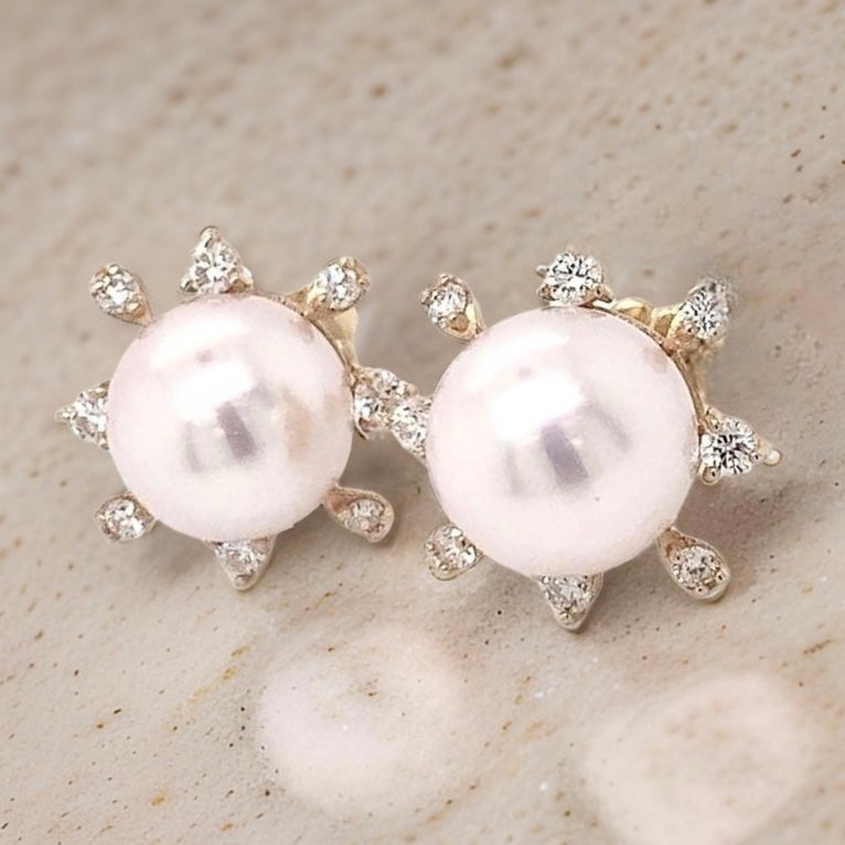 Diamond Akoya Pearl Earrings 14k Yellow Gold 9.5 mm Certified $3,975 018641