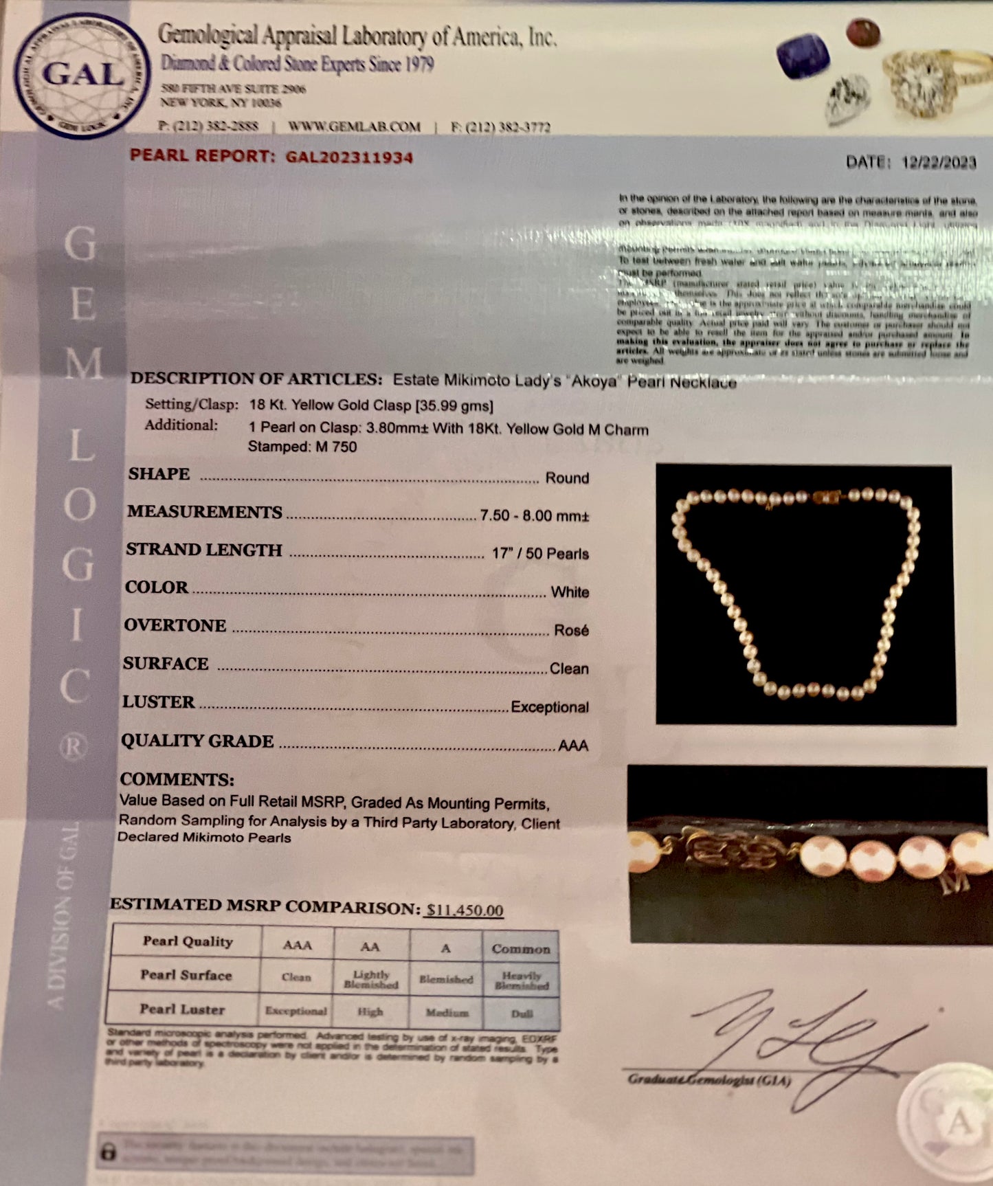 Mikimoto Estate Akoya Pearl Necklace 17" 18k Y Gold 8 mm Certified $11,450 311934 - Certified Fine Jewelry