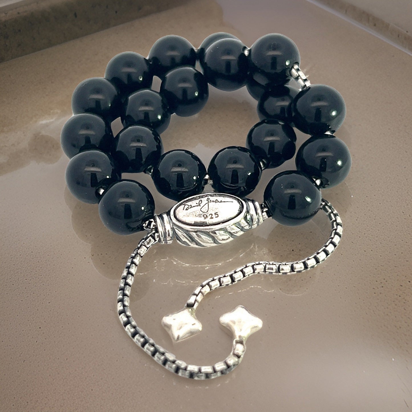David Yurman Authentic Estate Onyx Polished Beads Bracelet 6.6 - 8.5" Silver 8 mm DY450
