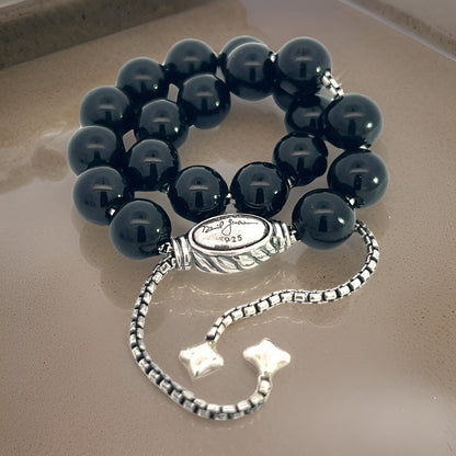 David Yurman Authentic Estate Onyx Polished Beads Bracelet 6.6 - 8.5" Silver 8 mm DY449