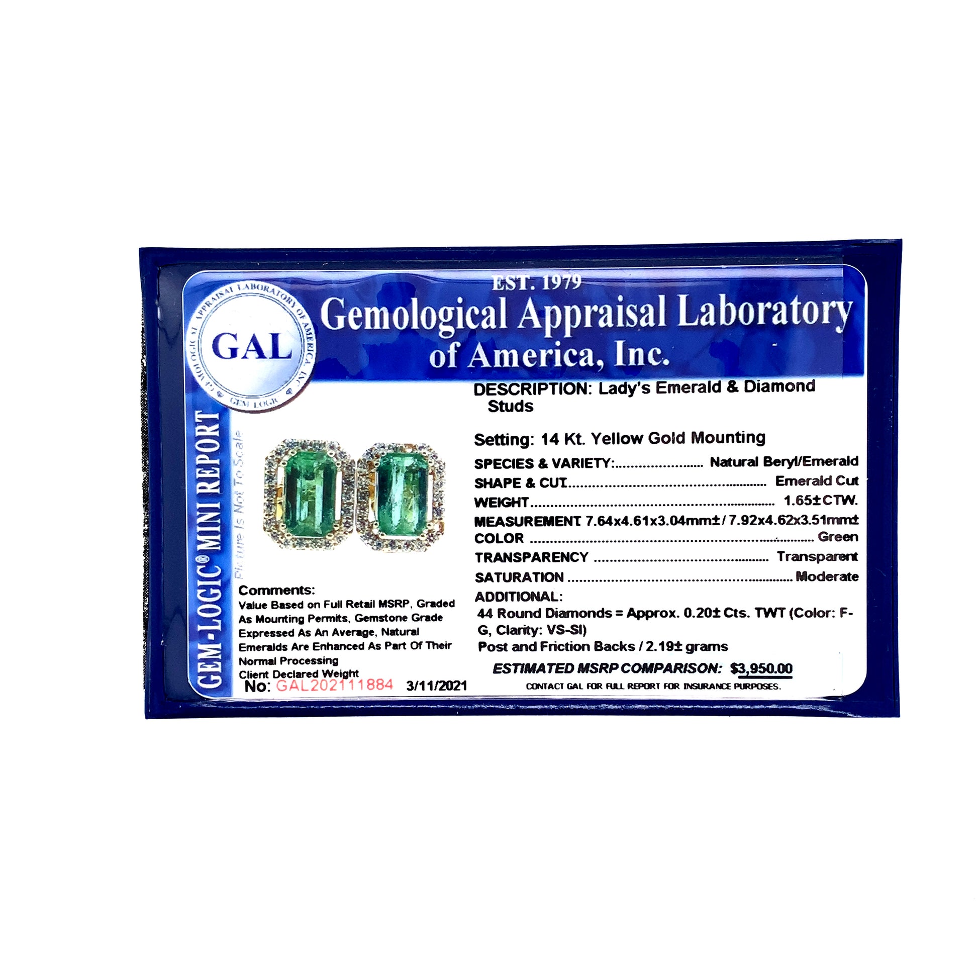 Natural Emerald Diamond Stud Earrings 14k Y Gold 1.85 TCW Certified $3,950 111884 - Certified Fine Jewelry