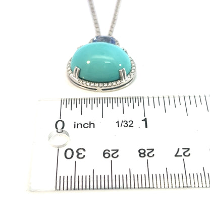 Natural Persian Turquoise Sapphire and Diamond Stud Pendant Necklace 14k White Gold 19.03 TCW Certified $6,950 311694