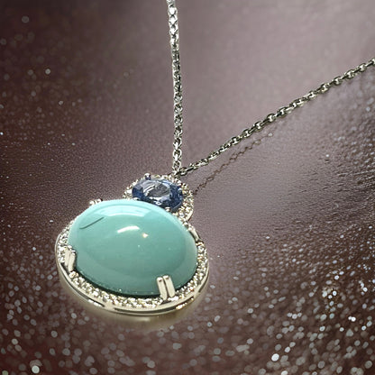 Natural Persian Turquoise Sapphire and Diamond Stud Pendant Necklace 14k White Gold 19.03 TCW Certified $6,950 311694