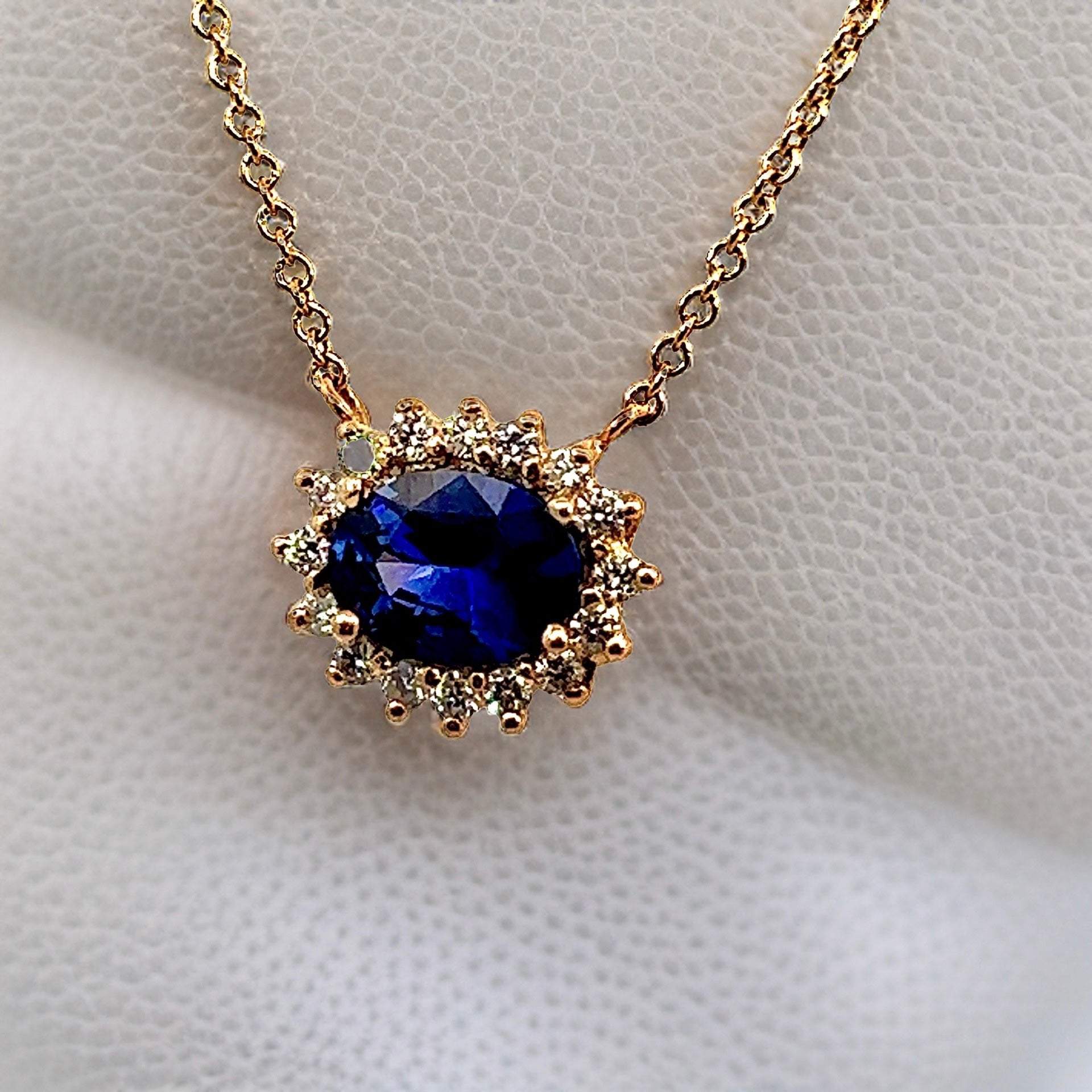 Natural Sapphire Diamond Halo Pendant With Chain 18" 14k YG 1.67 TCW Certified $4,950 300633 - Certified Fine Jewelry