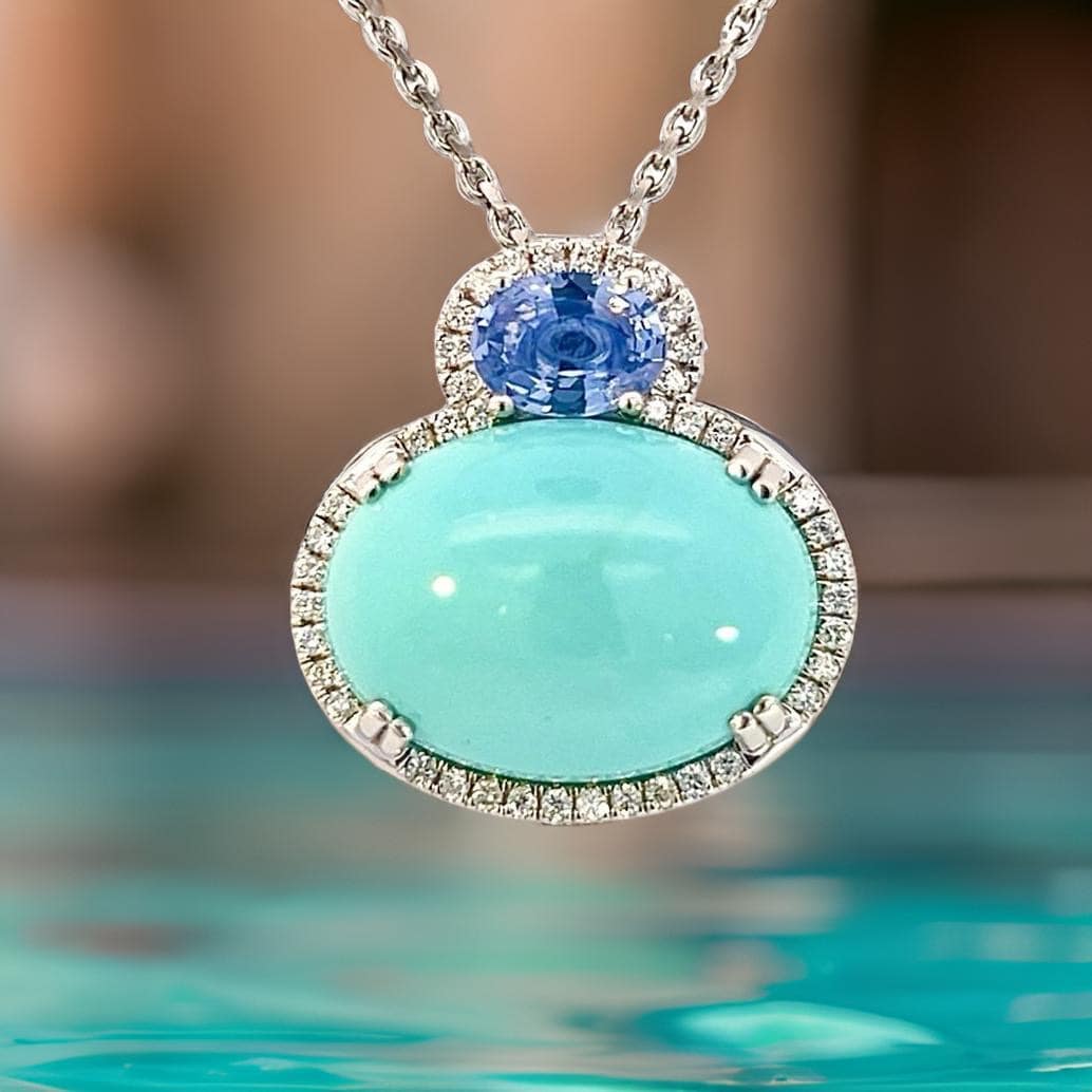 Natural Persian Turquoise Sapphire and Diamond Stud Pendant Necklace 14k White Gold 19.03 TCW Certified $6,950 311694