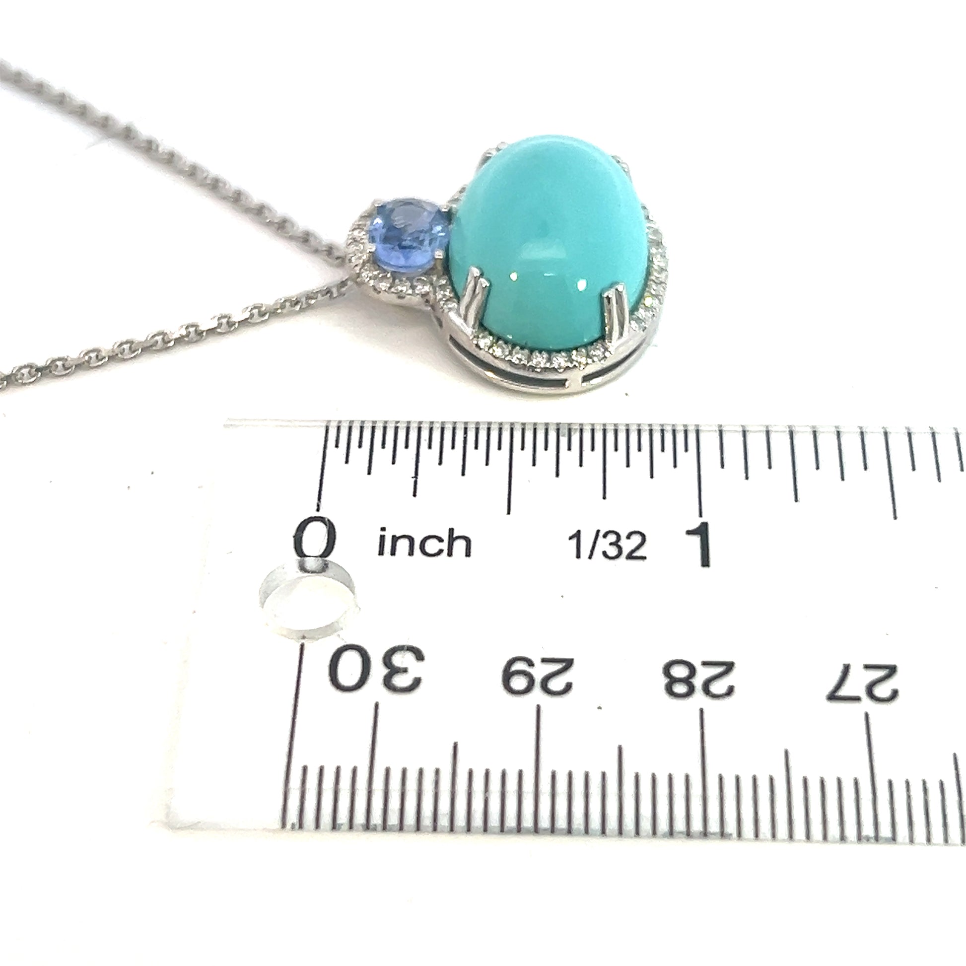 Natural Persian Turquoise Sapphire and Diamond Stud Pendant Necklace 14k White Gold 19.03 TCW Certified $6,950 311694