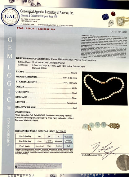 Mikimoto Estate Akoya Pearl Necklace 17.5" 18k Y Gold 9.5 mm Certified $47,500 311590