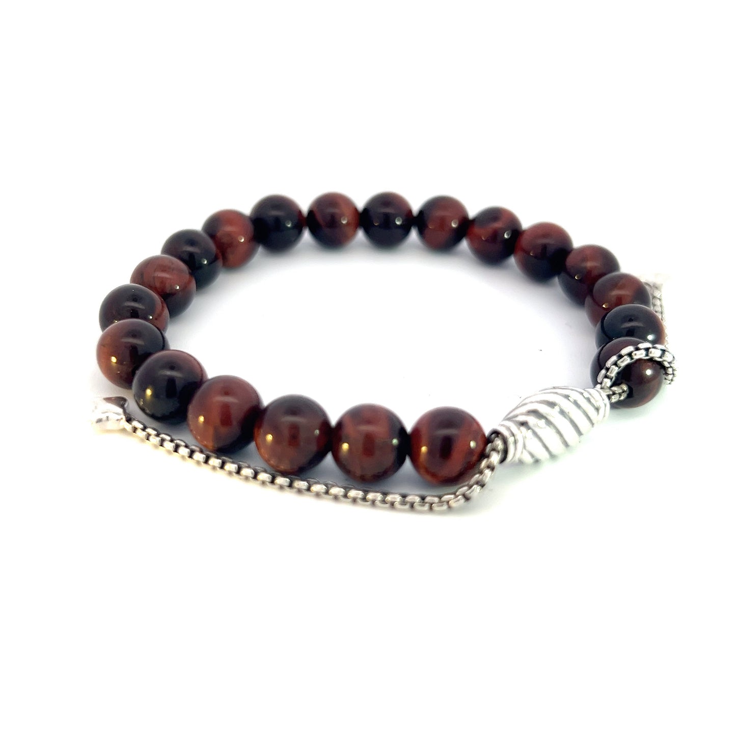 David Yurman Authentic Estate Tiger Eye Spiritual Beads Bracelet 6.6 - 8.5" Silver 8 mm DY453