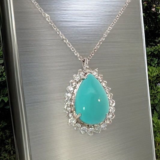 Persian Turquoise Diamond Pendant With Chain 17" 14k WG 9.9 TCW Certified $5,950 307918 - Certified Fine Jewelry