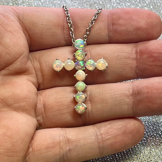 Natural Opal Cross Pendant Necklace 20" 14k WG 4.50 CT Certified $3,250 311040