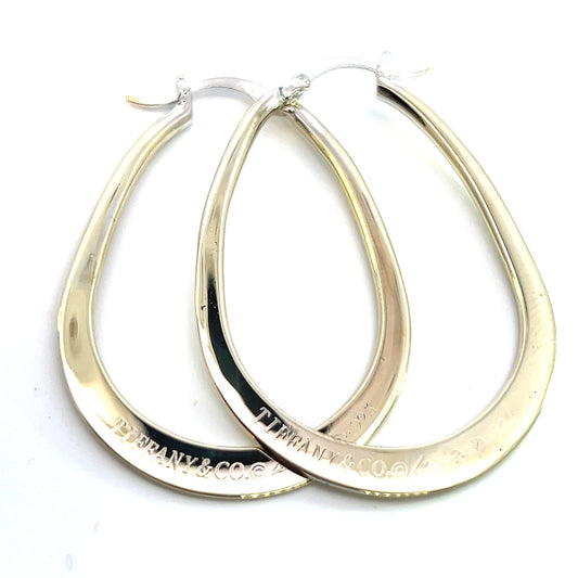 Tiffany & Co Estate Large Hoop Earrings 2" Hang Silver By Elsa Peretti TIF515