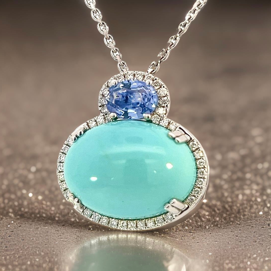 Natural Persian Turquoise Sapphire and Diamond Stud Pendant Necklace 14k White Gold 19.03 TCW Certified $6,950 311694