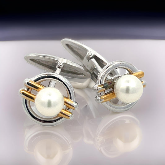 Mikimoto Estate Akoya Pearl Cufflinks Silver 6.60 mm M403