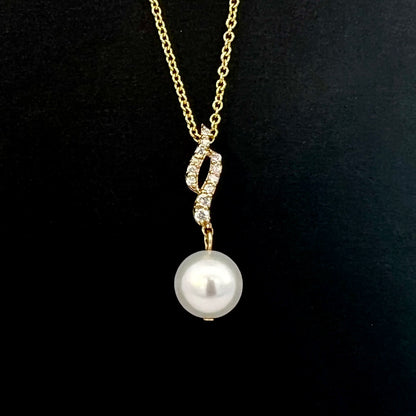 Natural Solitaire Akoya Pearl Diamond Pendant Set 18" 14k YG 8.07 mm Certified $1,090 310570