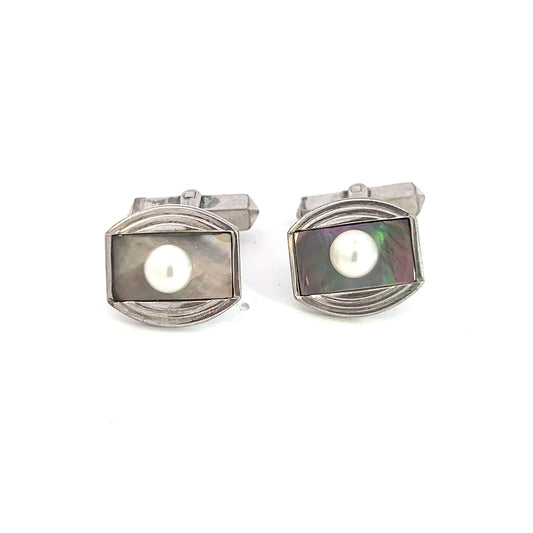 Mikimoto Estate Akoya + Mother of Pearl Cufflinks 5.2 mm Sterling Silver M381