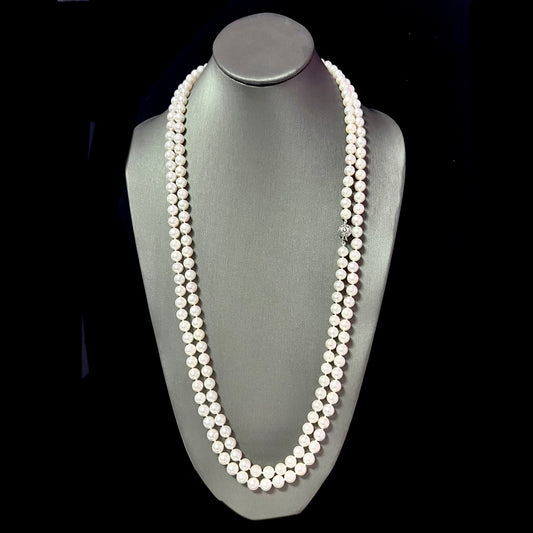 Natural Akoya Pearl Diamond Necklace 60.5" 18k White Gold 8 mm Certified $7,950 307925