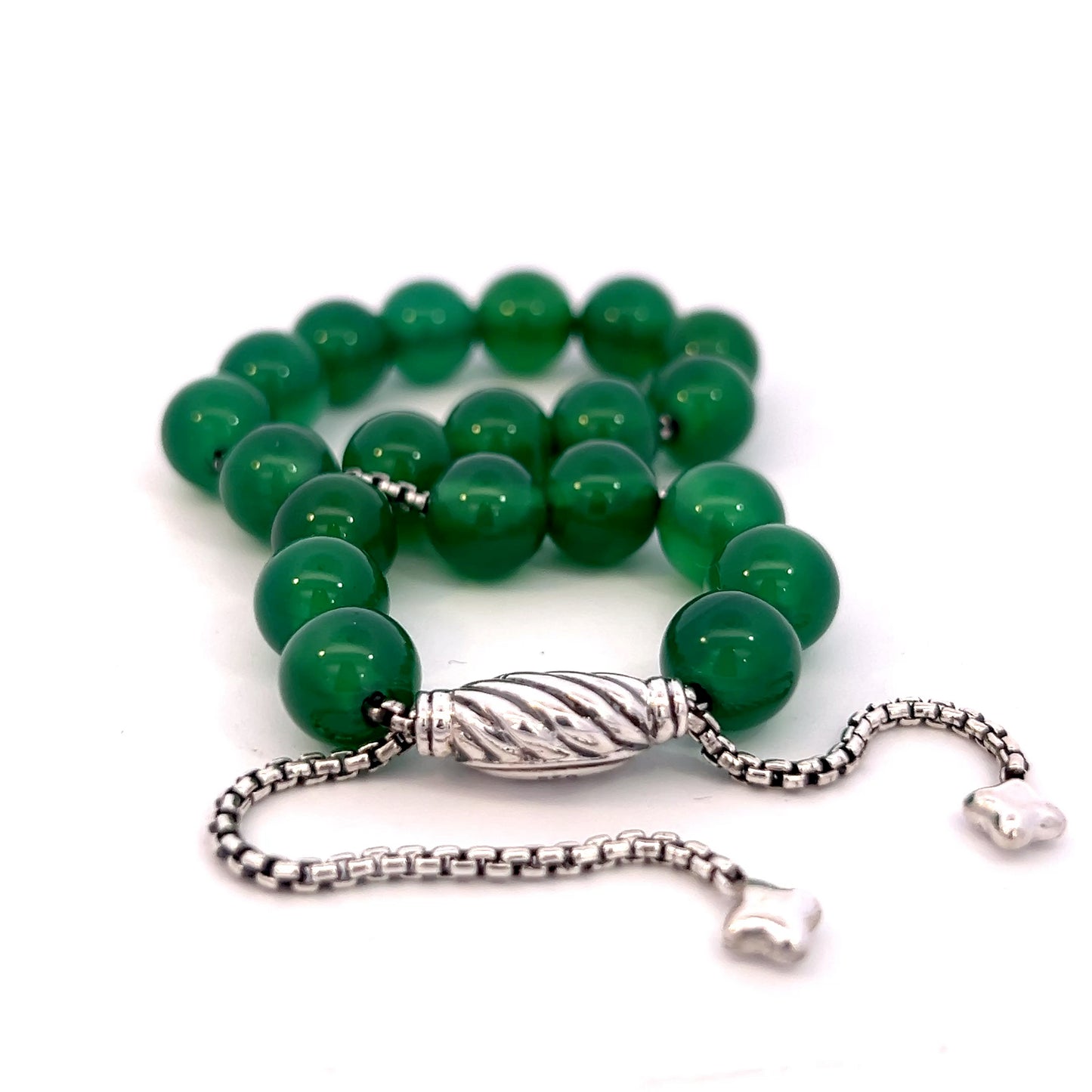 David Yurman Authentic Estate Green Onyx Spiritual Beads Bracelet 6.6 - 8.5" Silver 8 mm DY502