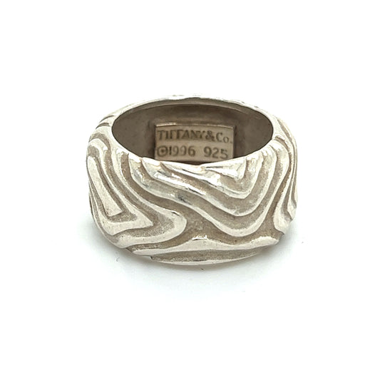 Tiffany &amp; Co Estate Woodgrain Design Ring 4.5 Silver 11 mm 5.7 Grams TIF630