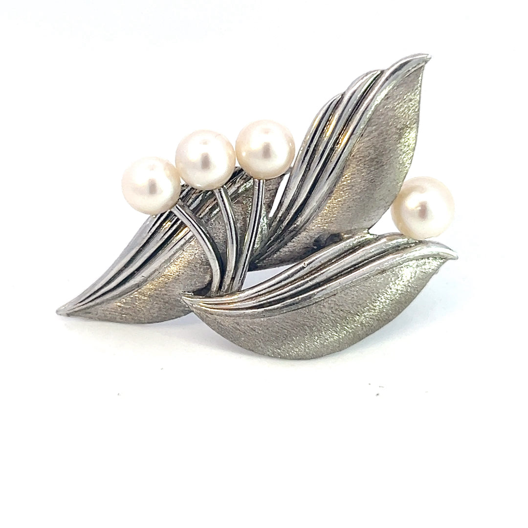 Mikimoto Estate Akoya Pearl Floral Brooch Sterling Silver 5 mm M385