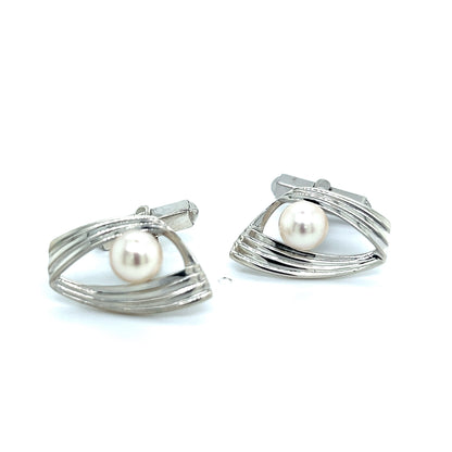 Mikimoto Estate Akoya Pearl Mens Cufflinks 7 mm Sterling Silver M313 - Certified Fine Jewelry